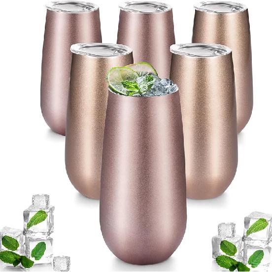 Maxdot 6 Pieces Champagne Tumbler Stemless Flutes Double Insulated Mini With Lips Stainless Steel Cocktail Cups for Coffee Wine Glass (Rose Gold, Rose Gold, Champagne