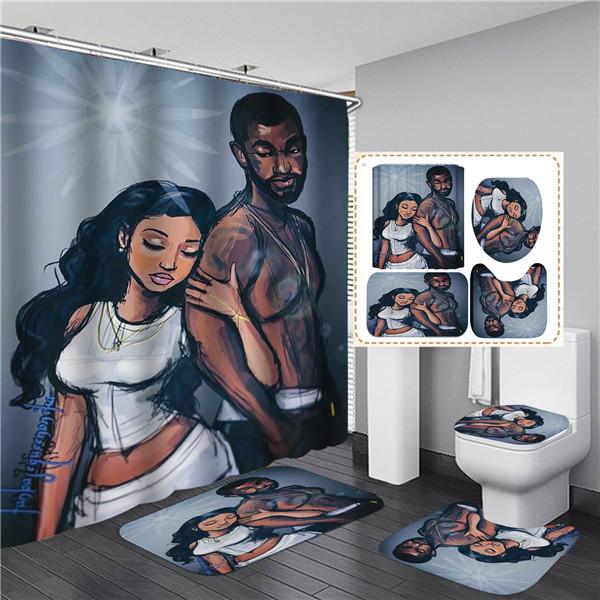 4PCS Full Set Bathroom Curtain Set Elegant African Black Woman Shower Curtain Hooks Modern Bath Mat Toilet Lid Cover Anti-slip Bath Mats