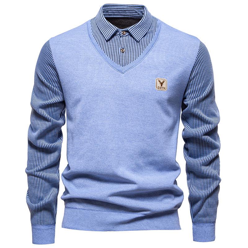 Men s Faux Two-Piece Striped Knit Sweater with Velvet Lining XL
