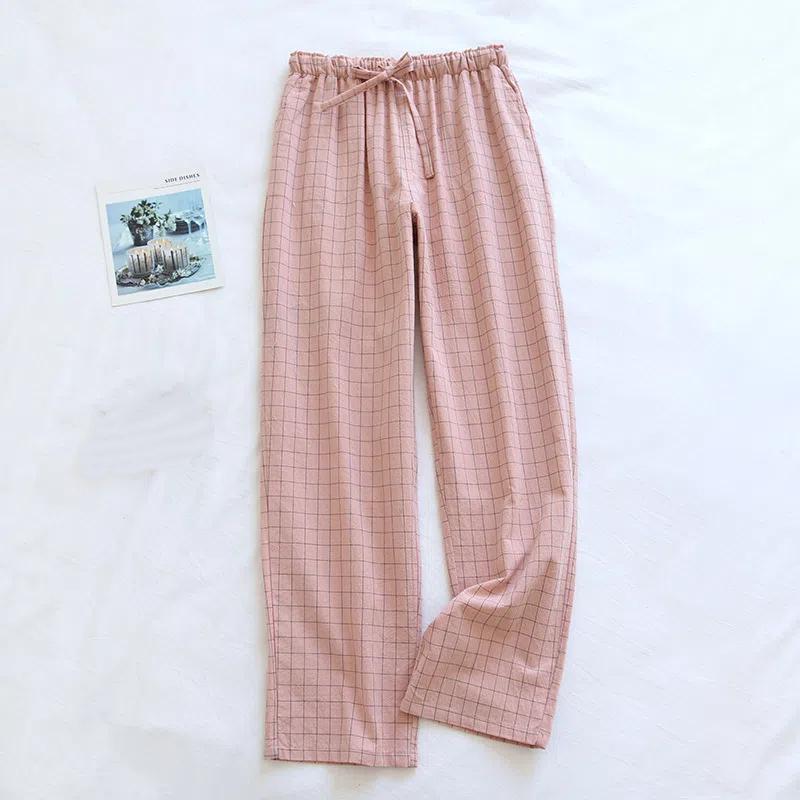 

Домашняя одежда для женщин из стираного хлопка, пижамы для сна на весну и лето, брюки для пар из чистого хлопка, домашние брюки в тонкую клетку XS розовый