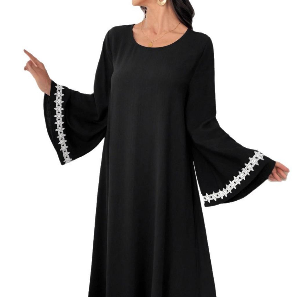Patchwork White Lace Trim Crew Neck Split Flowy Midi Dress, Popular in Middle East Dubai for Women