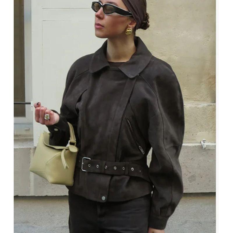 Spring and Summer New Women's Clothing Loose Polo Collar Long Sleeves Suede Locomotive Style with Belt Short Jacket