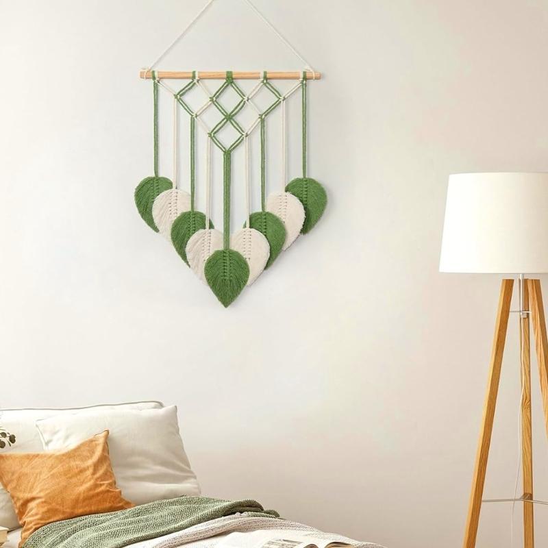 Natural Cotton Macrames Wall Art Leaf Pattern Hanging Decoration with Fringes For Home Interior Bedroom Nursery Decors
