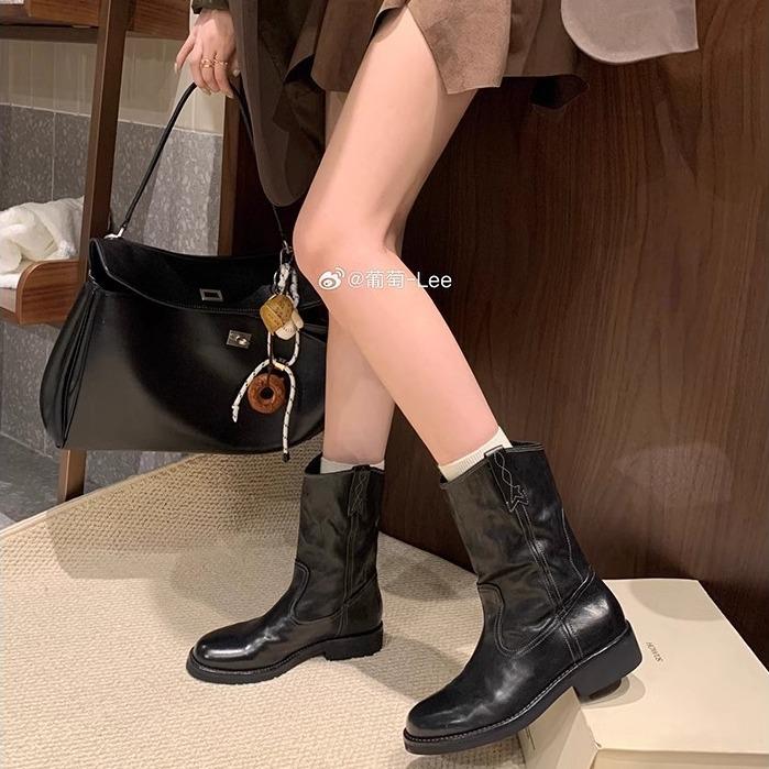 Spot second hair! Grape mother same shoes horse leather pointed round head V mouth locomotive thick heel western cowboy short boots autumn and winter