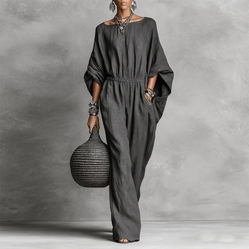 Spring New Women's Clothing, European and American Jumpsuits, Commuting High Waist Solid Color Wide Leg Horn Sleeve Jumpsuit