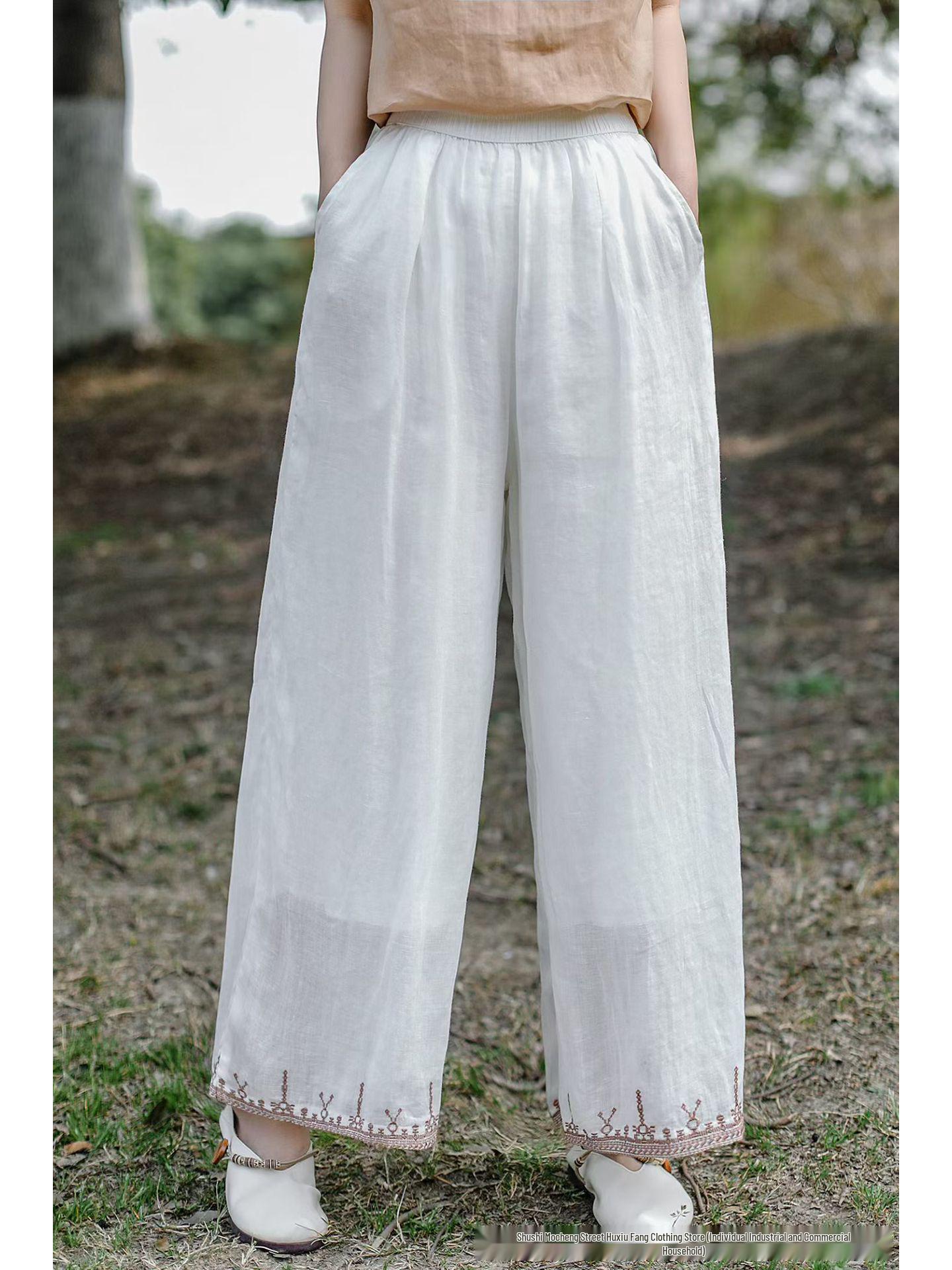 

2025 Summer Artistic Women s Linen Embroidery Loose Straight-Leg Pleated Pants One Size