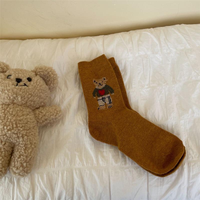 Ladies Autumn Winter Thickened New Sweet Cartoon Bear Wool Medium Tube Pile Socks