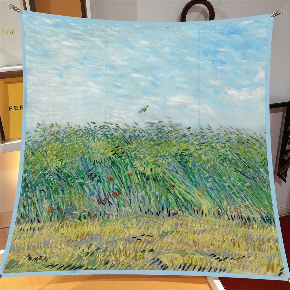 

90cm Starry Sky Imitation Twill Fashion Silk Scarf Square Women Hijab Bandana Foulard Head Scarf Van Gogh Oil Painting Kerchief 90X90CM