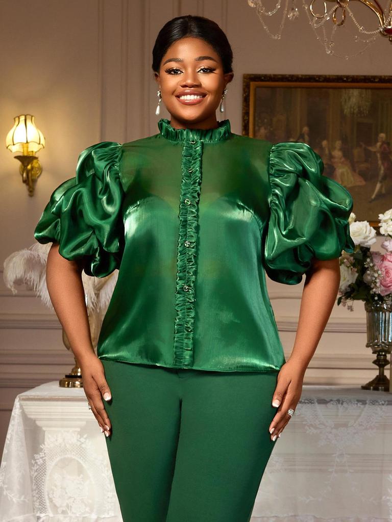 Plus Size Dark Green Satin Ruffle Stand Collar Puff Sleeve See-Through Top
