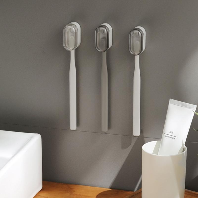 Adhesive Wall Toothbrush Organizers With Cover Easy Install Dust Proof Adhesive Toothbrush Rack For Clean Bathroom