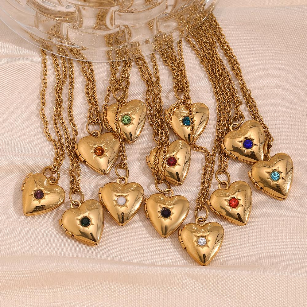 18K Gold-Plated Stainless Steel Heart Locket Necklace with December Birthstone in European and American Simple Niche Design Style