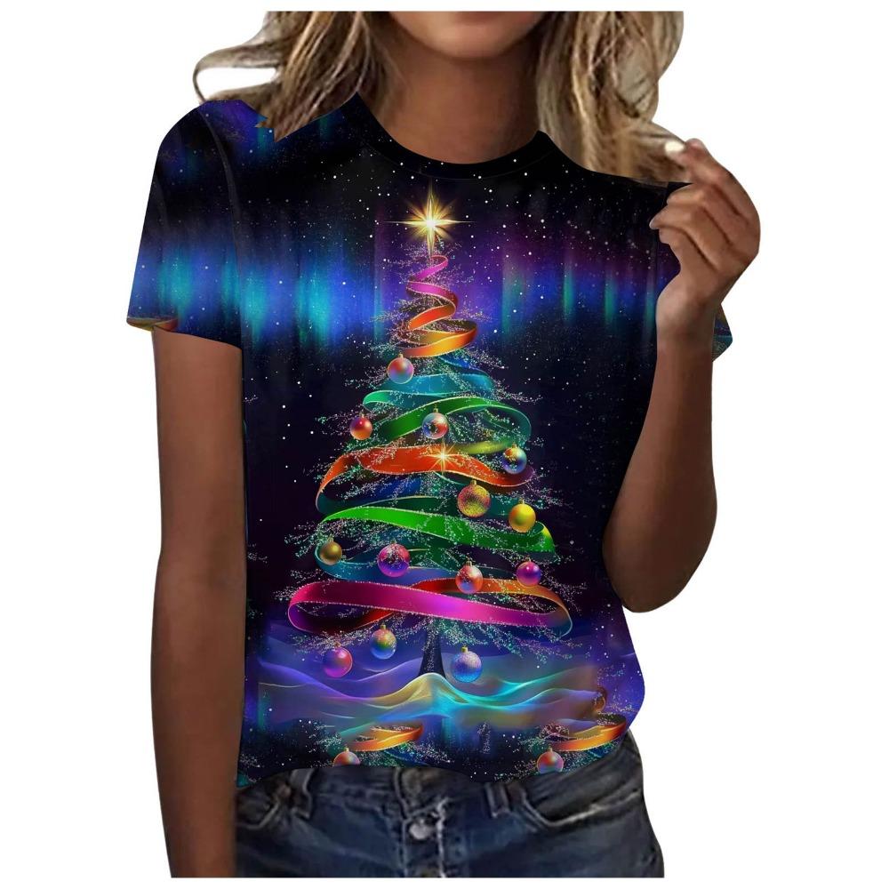 Short sleeved T-shirt for women with Christmas tree print round neck