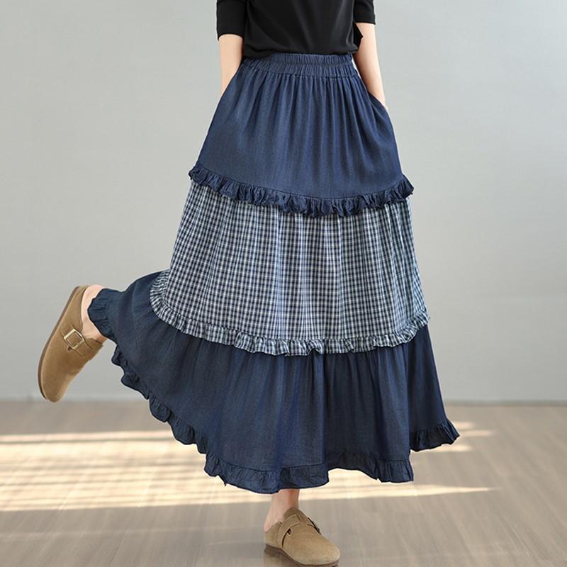 Denim Plus Size High Waist Vintage Patchwork Spring Summer Autumn Casual Loose Long Woman Skirt