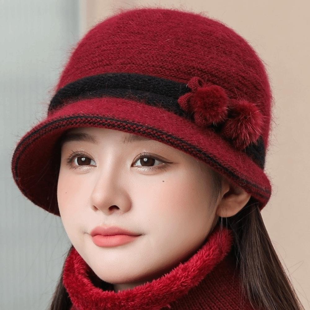 Windproof Floral Decor Hat Warm Knit Basin Cap Fashion Middle-aged Elderly Bucket Hat Winter