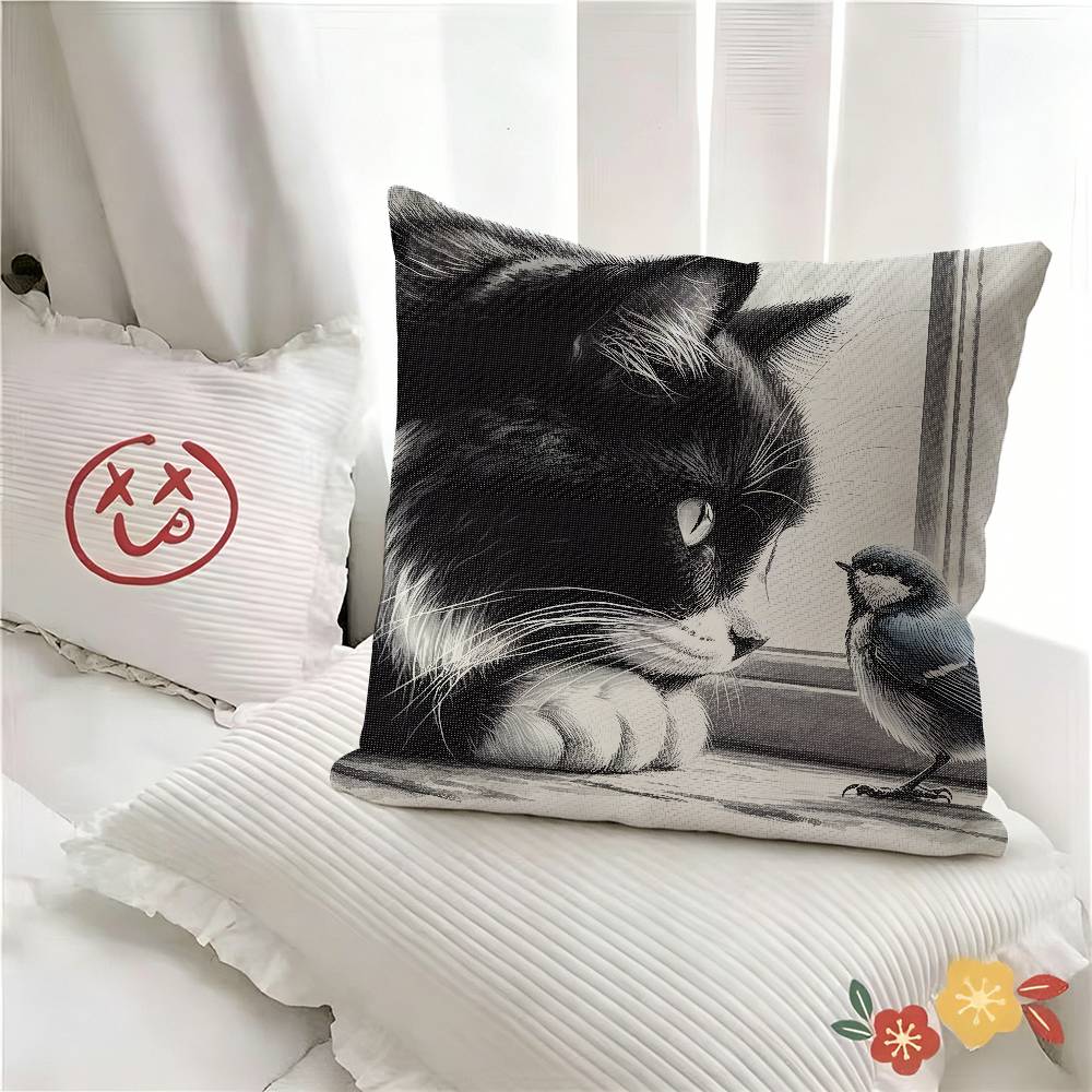 pc Cute Oil Painting Cat Animal Bird Pillow Case Fashion Square Pillowcase Bedroom Sofa Room Ins Decoration Leisure
