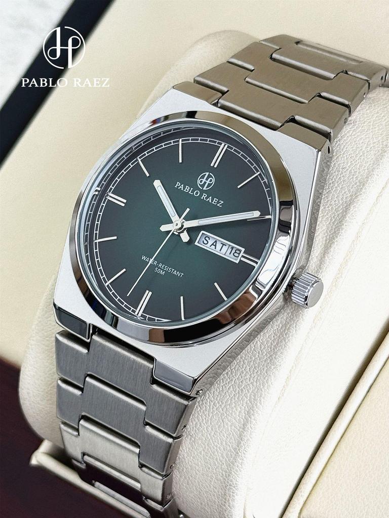 PABLO RAEZ Steel Band Men's Wristwatch with Double Calendar and Butterfly Buckle - Stylish & Trending Casual Business Watch