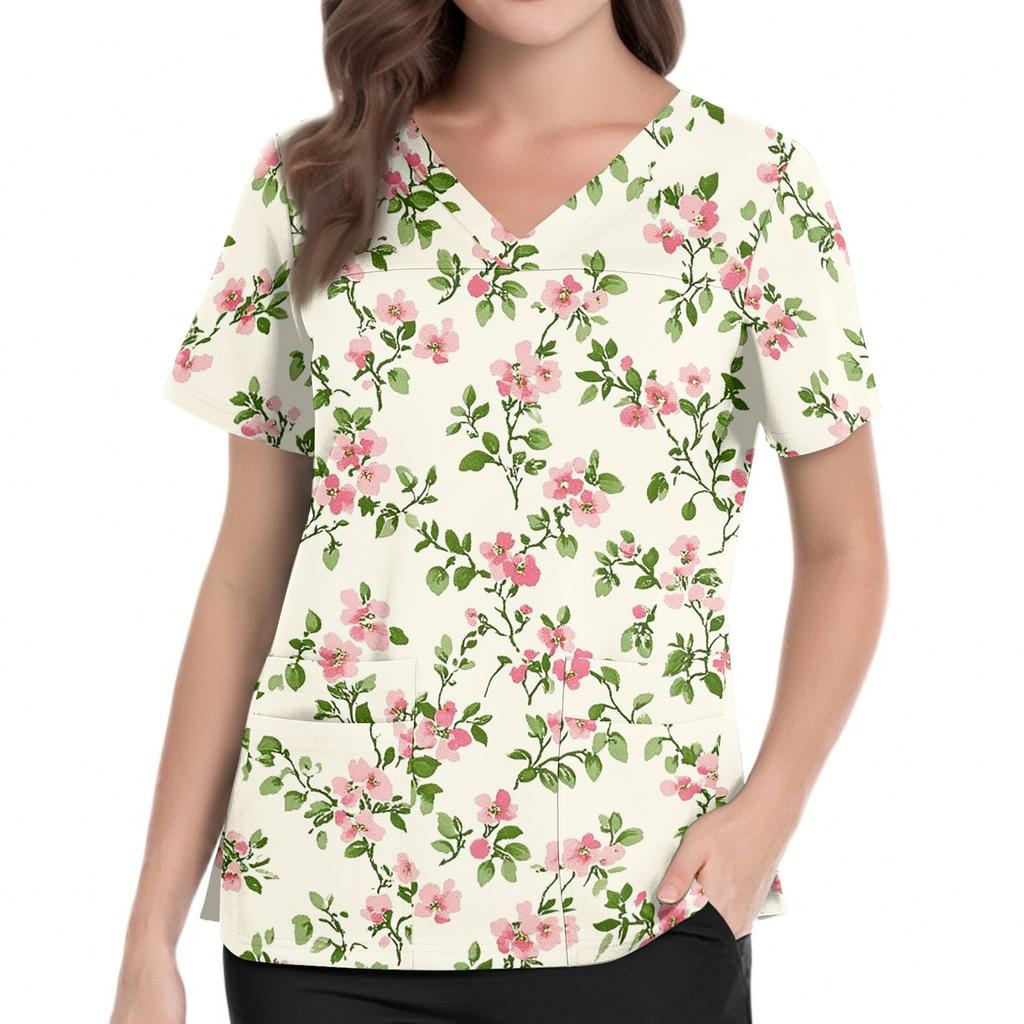 Top Medico a V con Stampa Floreale, Tasche, Spacchi Laterali, Manica Corta, Uniforme da Infermiera per Donna