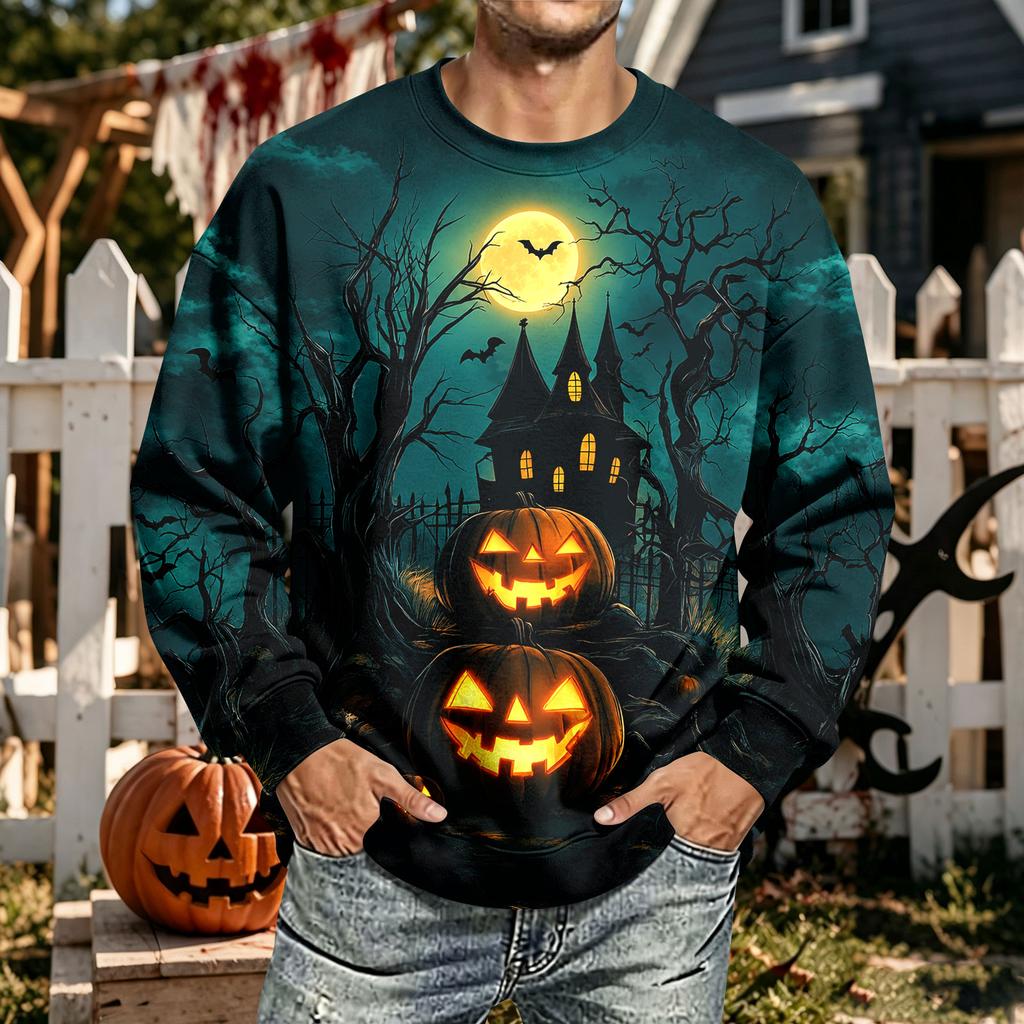 Men's Halloween Print Neck Long Sleeve Sweatshirt Casual Pullover Top