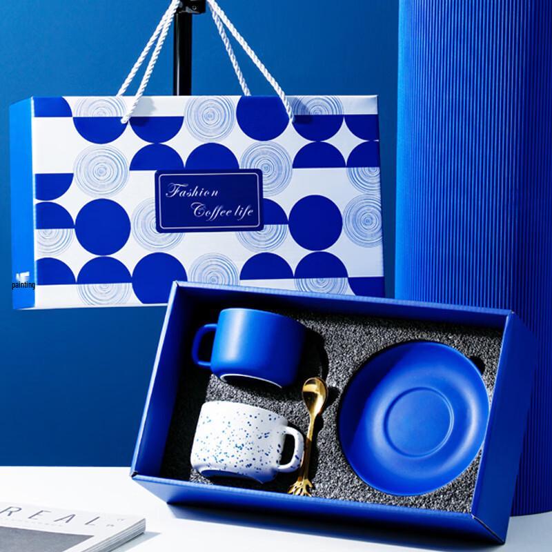 ME Klein Blue Ceramic Coffee Cup and Saucer Set 2 Cups, 2 Saucers