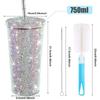 750ml Reusable Straw Cup Double Layer Thermos Cups Women Glitter Cup Water Bottle Gift With Lid Rhinestone Stainless Steel
