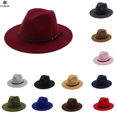 Womens Woolen Wide Brim Fedora Hat Classic Jazz Cap with Belt Buckle