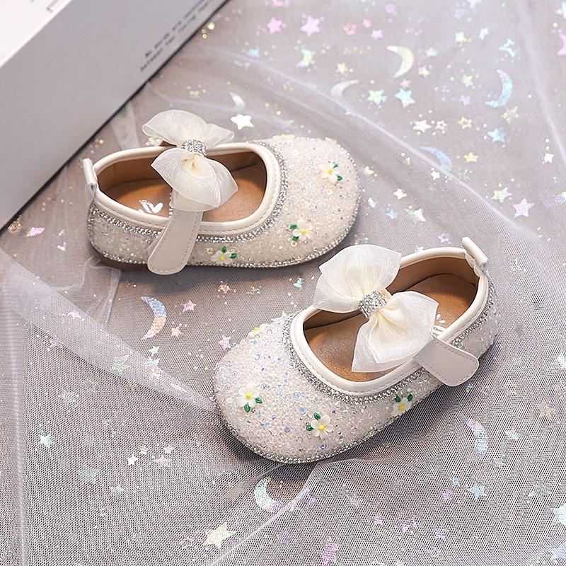 Toddler Girls Flats Shiny Sequins Big Lace Bows Kids Princess Shoes Round Toes 2025 New Fashion Baby Walking Shoes Size 16-26