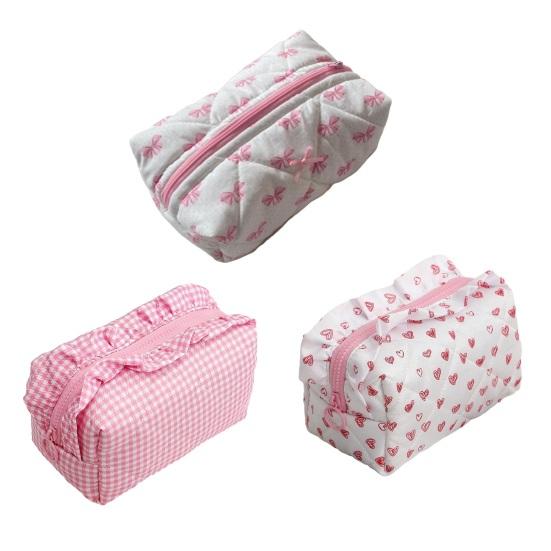 Girls Cosmetic Bag with Ruffles Quilted Cute Pink Bowknot Heart Makeup Bag Soft Cosmetic Pouch Makeup Organizer for Toiletries Brushes