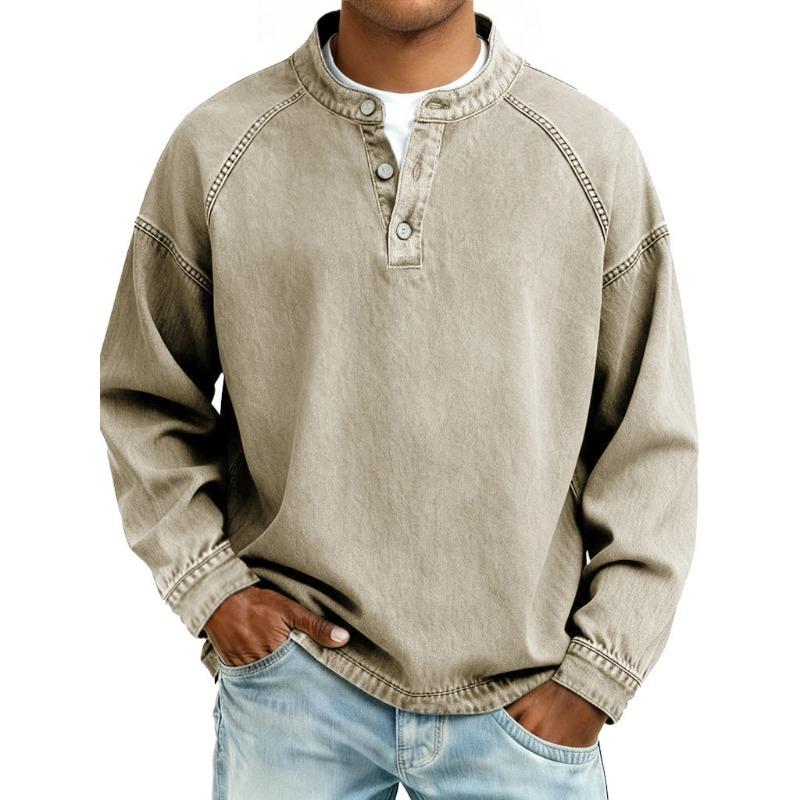 Men S Vintage Washed Stand Collar Long Sleeve Loose Solid Color Sweatshirt