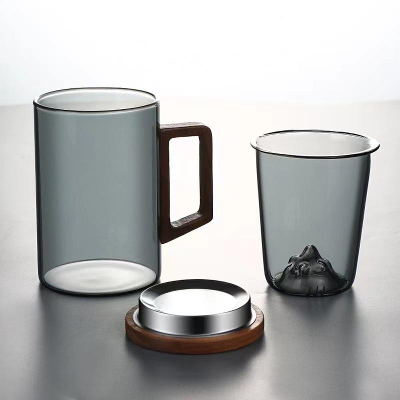 500ml Heat Resistant High Borosilicate Glass Tea Water Separation Tea Cup with Wooden Lid Handle Flower Tea Making Mug Water Cup