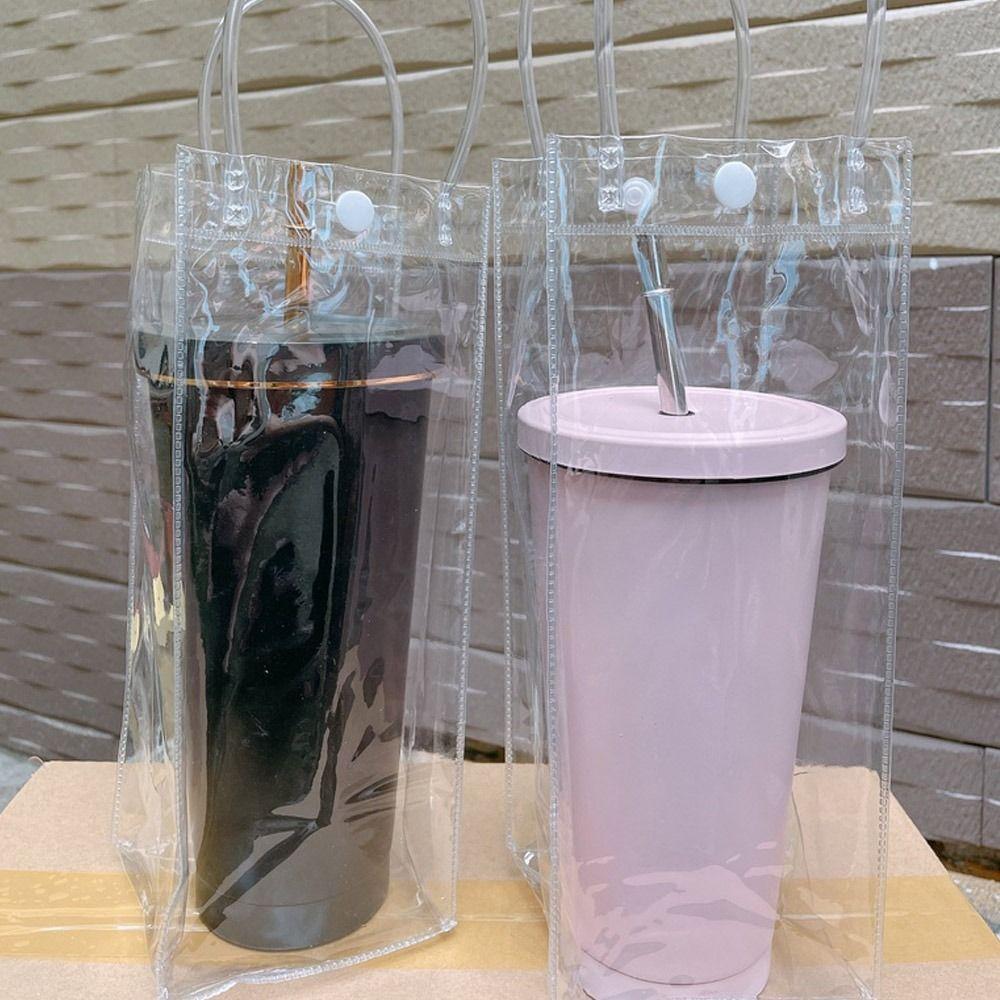 3Pcs Plastic Cups Bottle Cover With Convenient Handle PVC Bottle Bag Transparent Bag  Themos Bottle