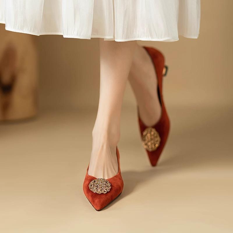 Special Heel Slip Single Shoes Autumn New Pointed Toe Suede Rhinestone Round Buckle Slip-on Slip-off Kitten Heels