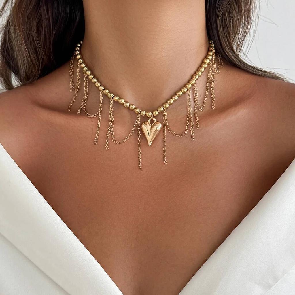 Salircon Fashion Love Heart Pendant Tassel Chain Necklace Women Simple Gold Color Clavicle Chain Sweet Trendy Party Jewelry