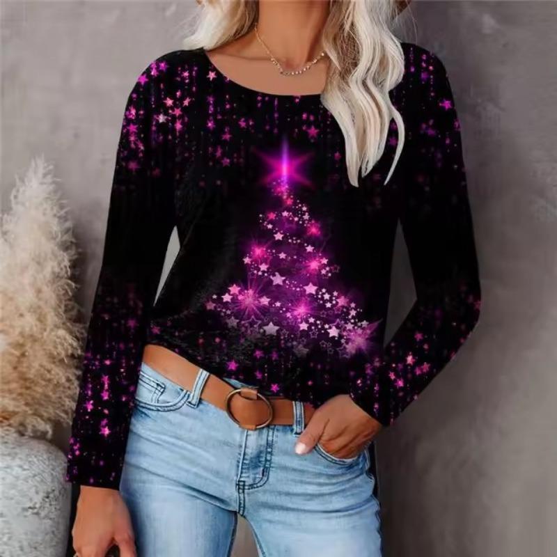 Digital Printed Christmas Women's Sportswear Round Neck Long Sleeved Loose Casual Christmas Tree T-Shirts