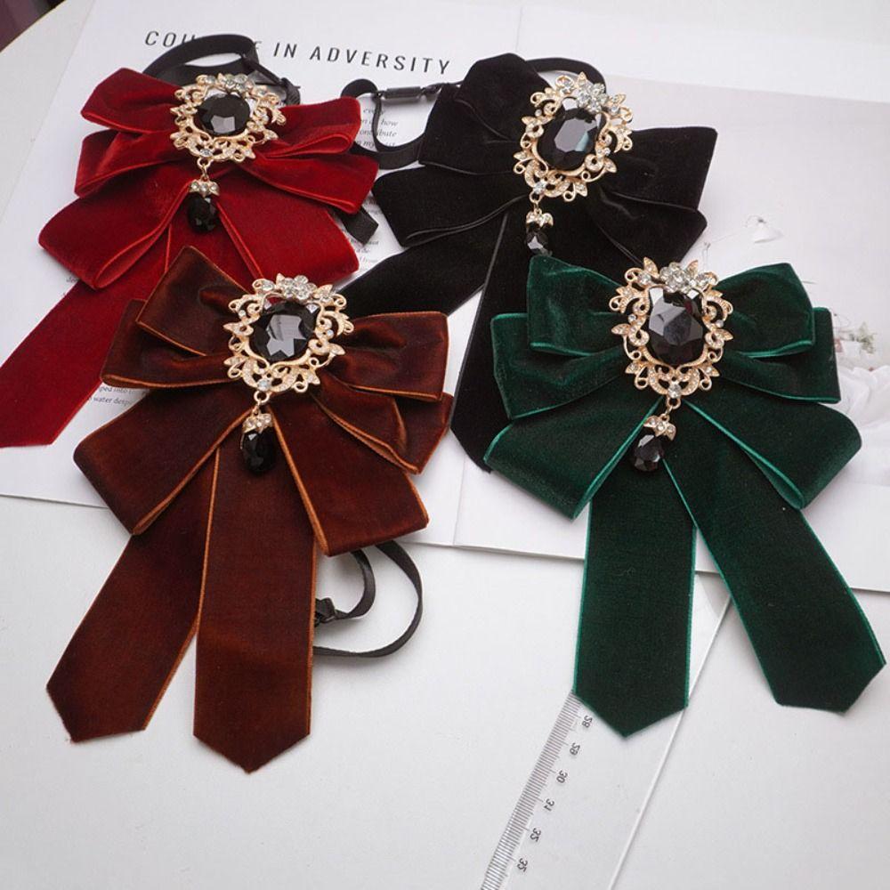Retro Polyester Bowtie velvet Adjustable Collar Flower Diamond Collar Pins Women