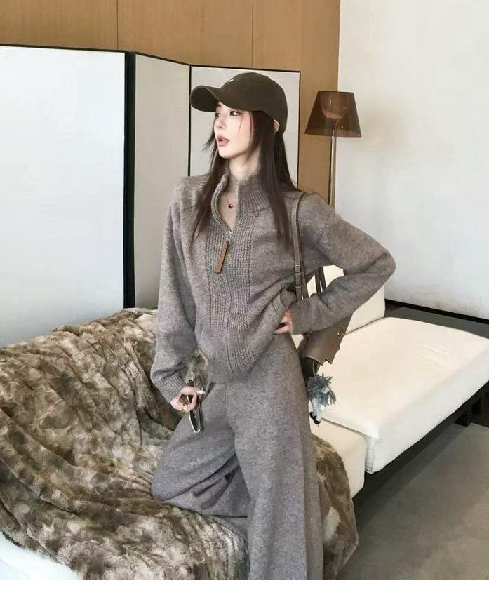 7766 Cozy Sweater & Long Pants Set - Versatile Zipper Cardigan for Autumn/Winter