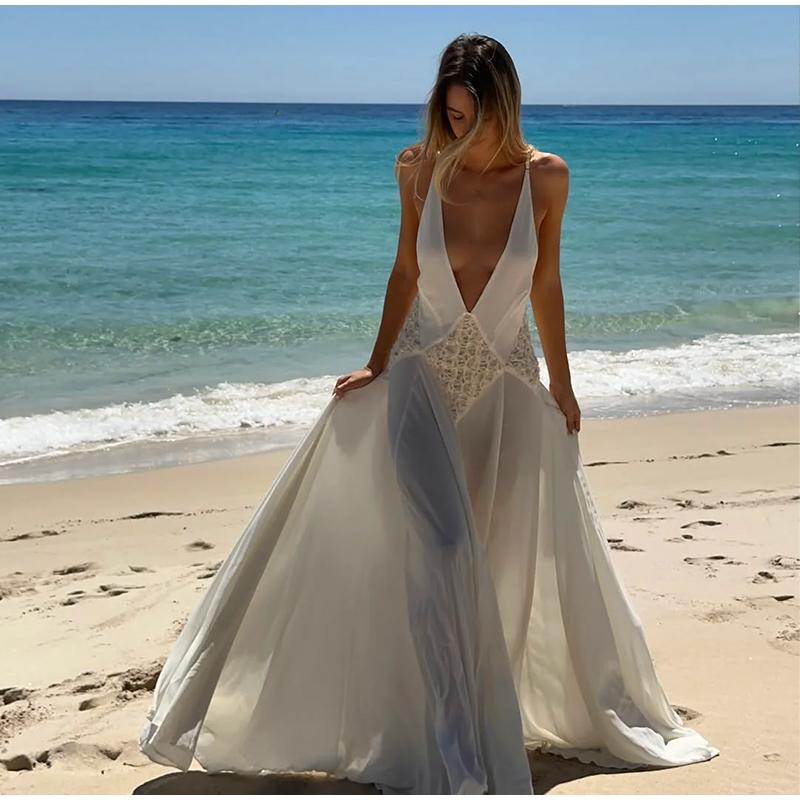 Women Elegant White Deep V Neck Sleeveless Maxi Dress Hollow Out Splicing Slim A-line Long Dresses 2026 Summer Beach Holiday Dress