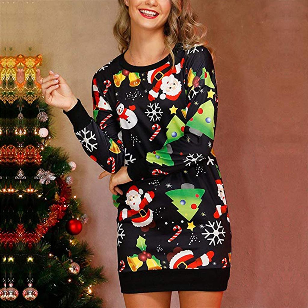 Kvinners Mote Julemann Trykt Snømann Lyslenke Langermet Kjole