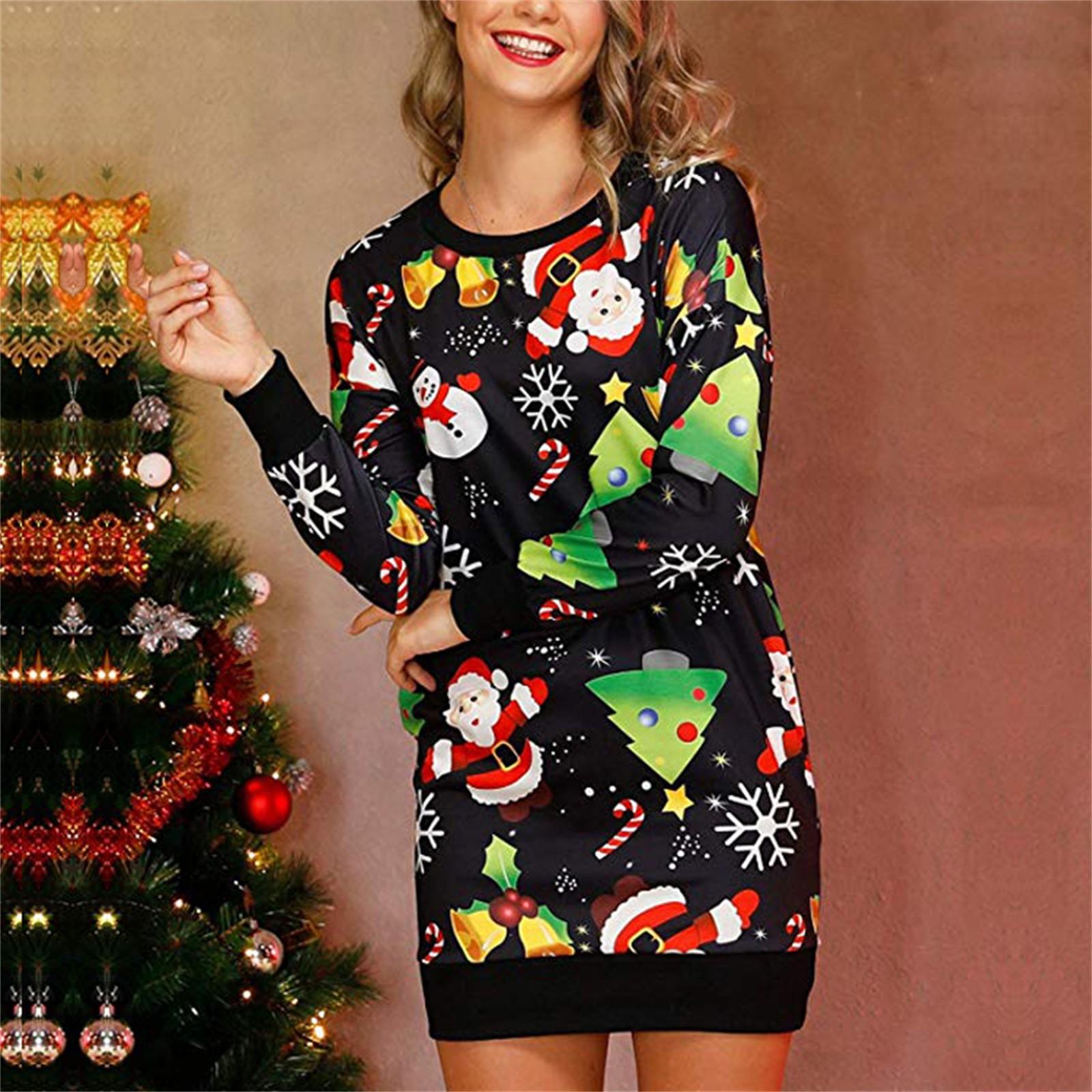 

Женское модное легкое платье со снеговиком с принтом Санта-Клауса и длинными рукавами M зелёный