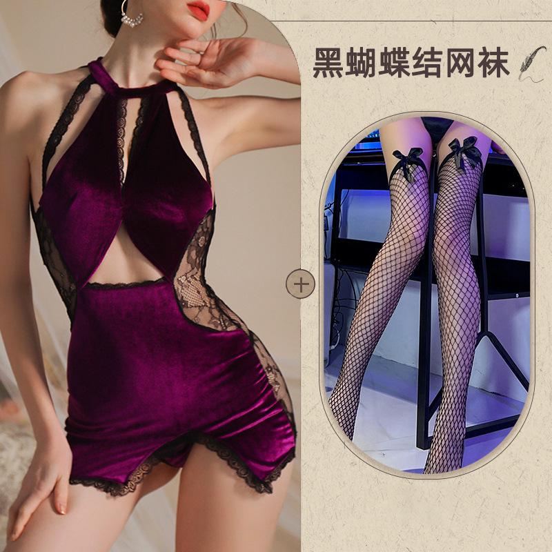 Sex underwear sexy pure lace splicing velvet temperament thin classical cheongsam purple charm hanging neck