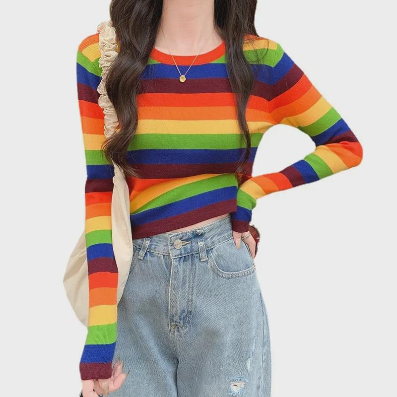 2025 Slim Fit Korean Rainbow Striped Navel-Baring Sweater