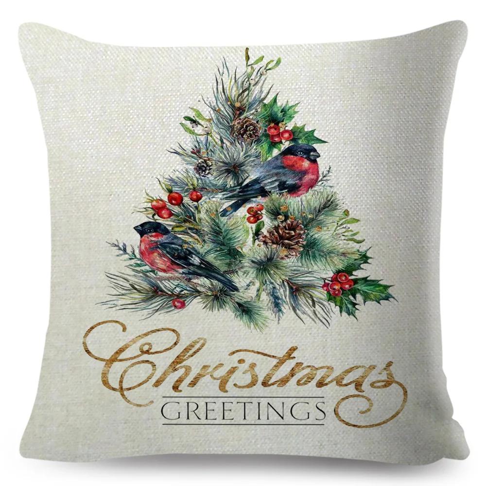 С Рождеством Наволочка Простая Живопись Принт Наволочки Дюймы Рождественское Украшение Свеча Птица Цветок Лен Наволочка 12x12Inch