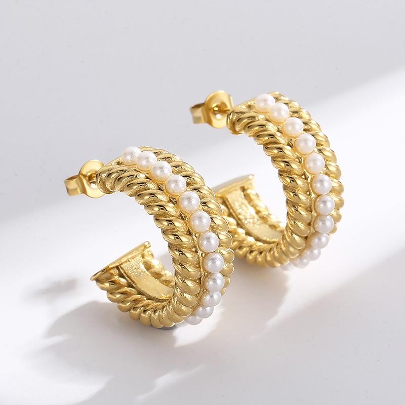 

Elegant French Retro Pearl Hoop Earrings - Stainless Steel C-Shaped Design