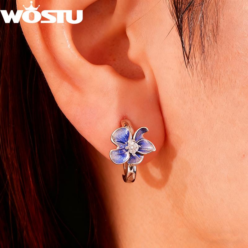 WOSTU 925 Sterling Silver Mystical Purple Flower Hoop Earrings For Women Wedding Engagement Luxury Drip Oil Iris Earring Gift