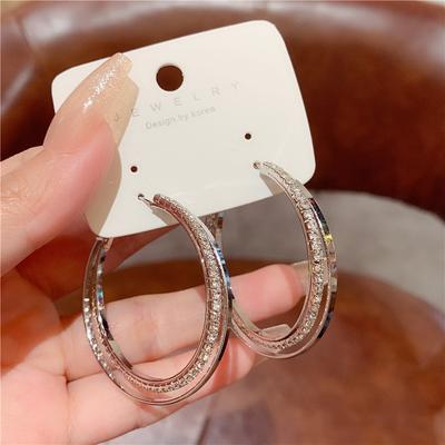 Exaggerated Big Round Full Rhinestone Crystal Hoop Earrings for Women Simple Hyperbole Geometric Circle Huggie Loop Jewelry Gift