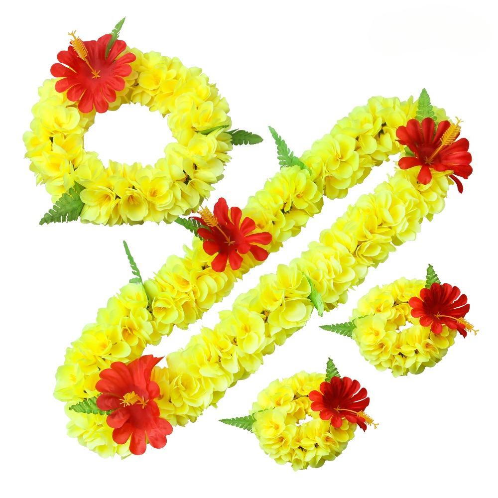Beach Party Floral Necklace Set 4PCS Artificial Flower Lei for Adults Kids Photo Prop