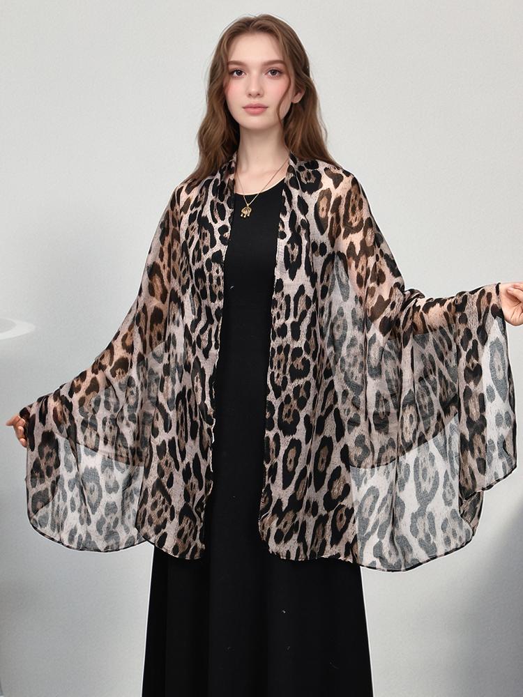 Elegantes Damen Vintage Durchsichtiges Leopardenmuster Seidenschal Kopftuch Wickeltuch Schal Sonnenschutz Bandana Hijab Damen Schal Pareo Sommer Neu