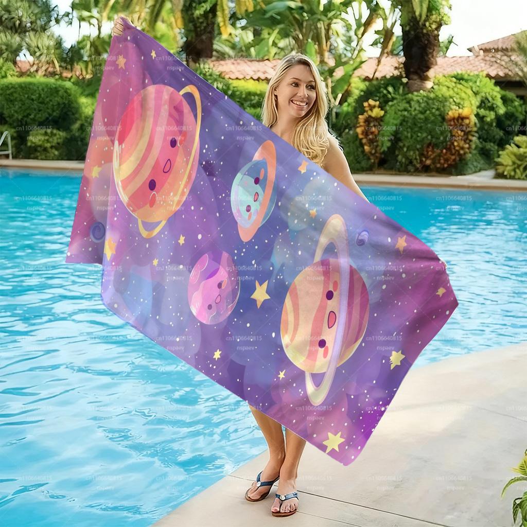 Cute Cartoon Planet Beach Towel, Kawaii Space Galaxy Print Bath Towel, Super Absorbent Microfiber Towel for Kids & Adults,