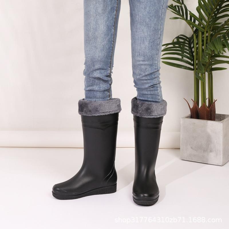 Fashion long rain shoes extra high rain boots women's velvet cotton flat-bottomed water shoes women's non-slip rubber shoes water boots matte