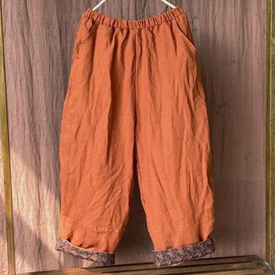 Pantaloni da donna vintage in lino con elastico in vita, più pantaloni caldi invernali in cotone, tasche tinta unita, pantaloni lunghi larghi