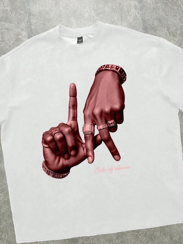 Summer Men's 100% Pure Cotton Street T-shirt, Los Angeles Handprint T-shirt, Urban Fashion Loose and Breathable Short-sleeved